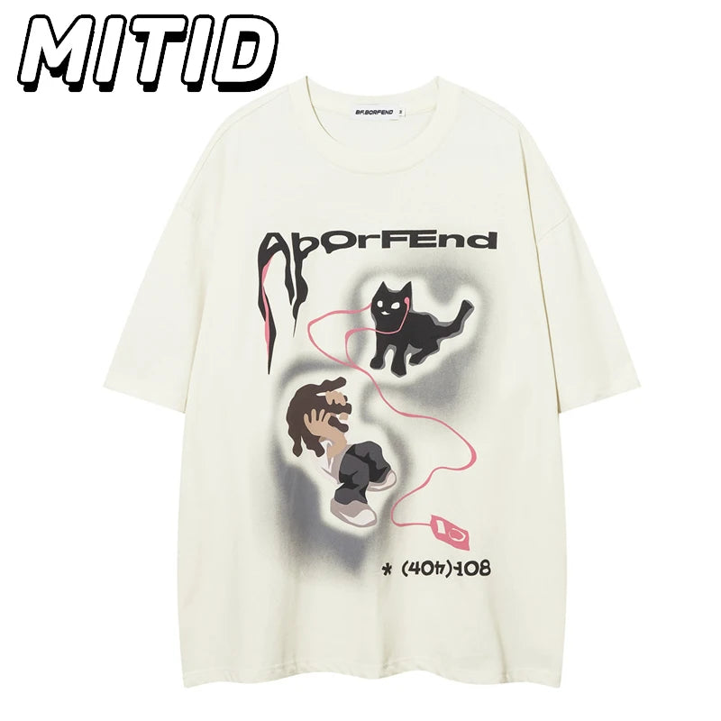 Hip Hop Streetwear Summer T Shirt Men Anime Cartoon T-shirt Casual Loose Half Sleeve Round Neck Pure Cotton Tops Tees Couple
