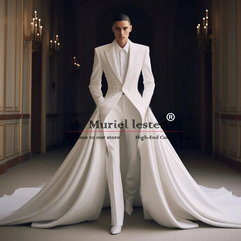 Luxury Pearls Men's Suit Slim Fit Single Breasted Blazer With Moved Train Customized Groom Wedding Tuxedo 3-Piece Man Dresses