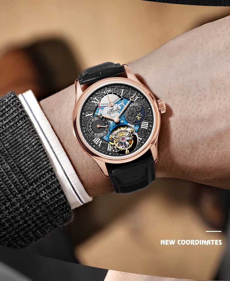 Haofa Automatic Flying Tourbillon Movement Watch Man Luxury Sapphire Skeleton Moon Phase Complete Calendar Watches For Men 8003