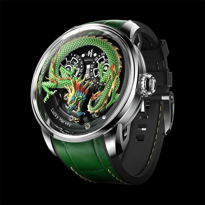 Lucky Harvey 3D Engraving Dragon Dial Automatic Mechanical Watches for Men Self-wind Movement Sapphire Waterproof Casual Watch