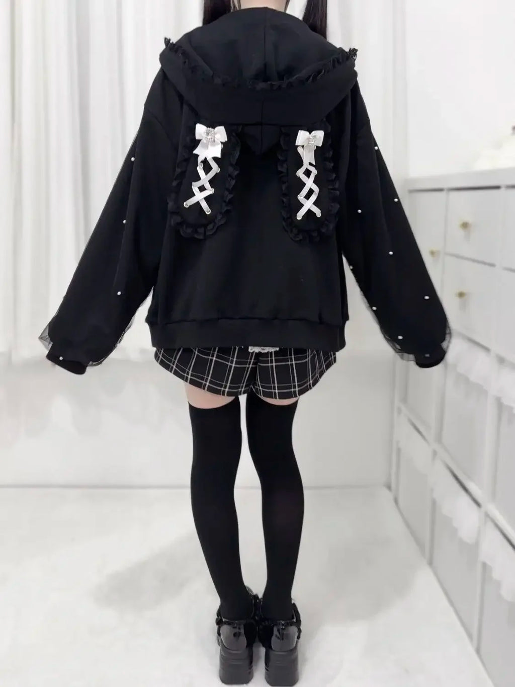 Japanese Pearl Gauze Patchwork Coats Women Y2k Aesthetic Lace Rabbit's Ears Jackets Casual Oversized Harajuku Kawaii Hoodies Top