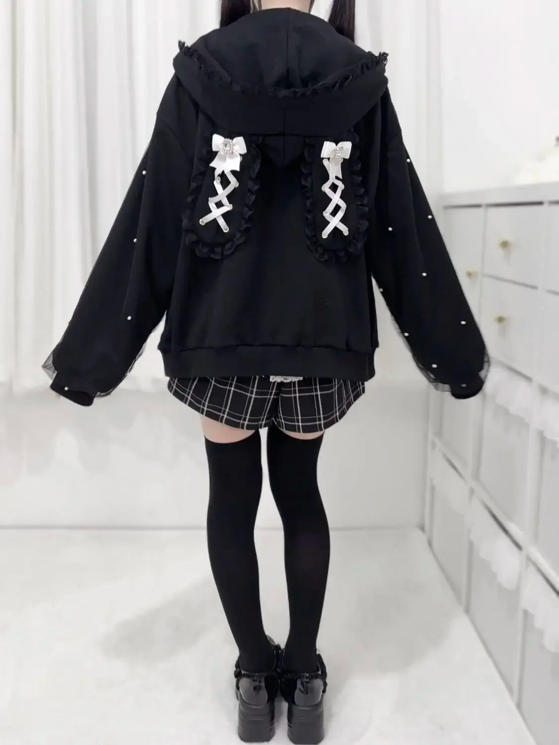 Japanese Pearl Gauze Patchwork Coats Women Y2k Aesthetic Lace Rabbit's Ears Jackets Casual Oversized Harajuku Kawaii Hoodies Top