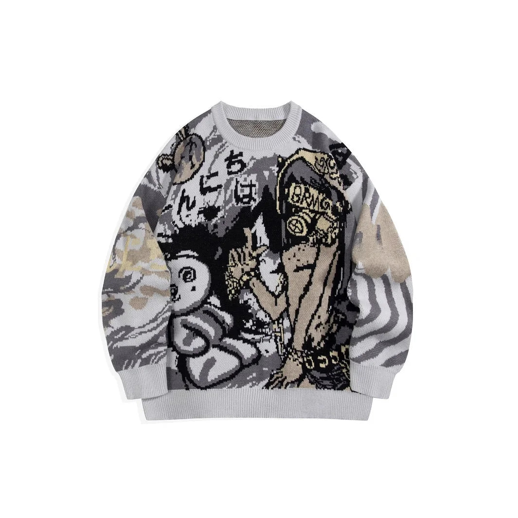 Loose Long Sleeve round Neck Knitted Sweater High Street Trendy Brand Men's Cartoon Couple Casual Breathable Elastic