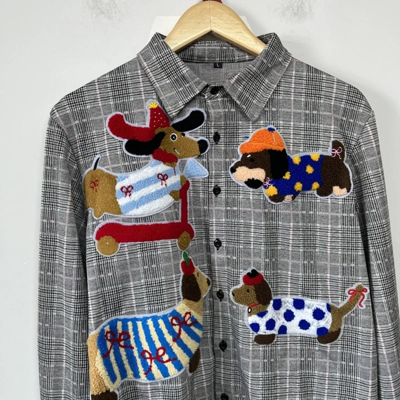 PFHQ Fashion Men's Shirt Cartoon Towel Embroidered Decoration Plaid Design Loose Personality Versatile Male Shirt Tide 21P2205