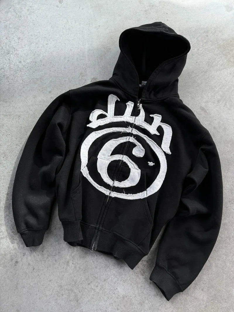 Y2K Clothing New Fashion Letter Embroidery Patch Zipper Hooded Sweater Men Gothic Harajuku Hip Hop Popular Casual Sweatshirt