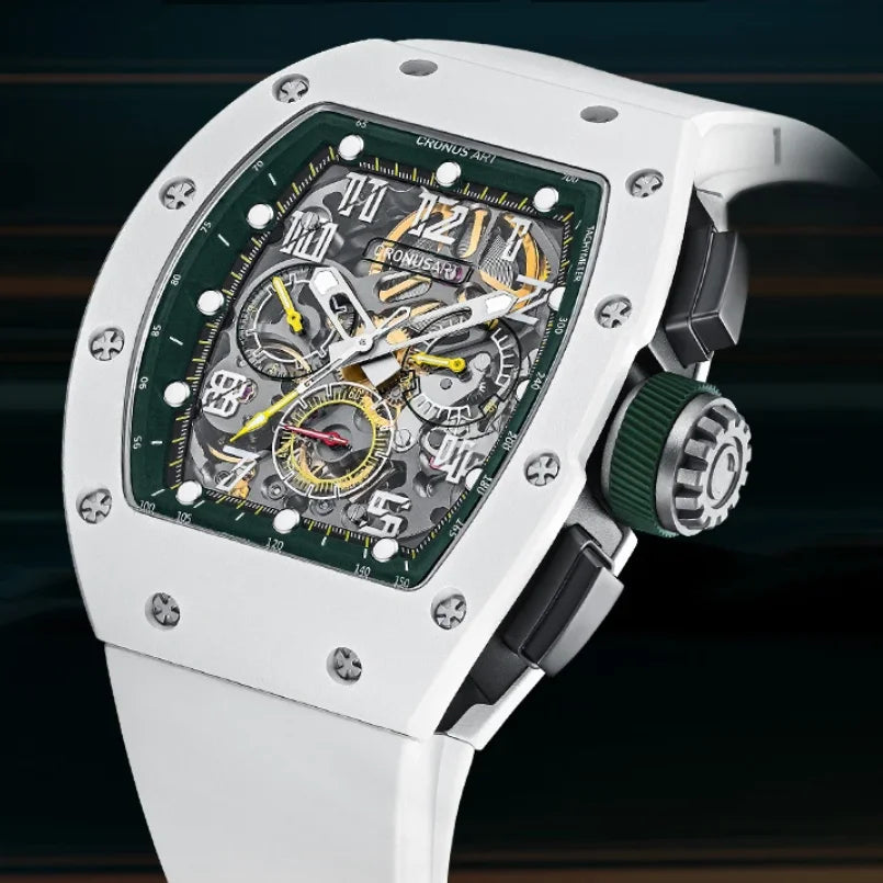 CRONUSART Men Chronograph Watch 50mm Tonneau Automatic Mechanical Wristwatch Luminous Sapphire Fluororubber Strap Triple Windows