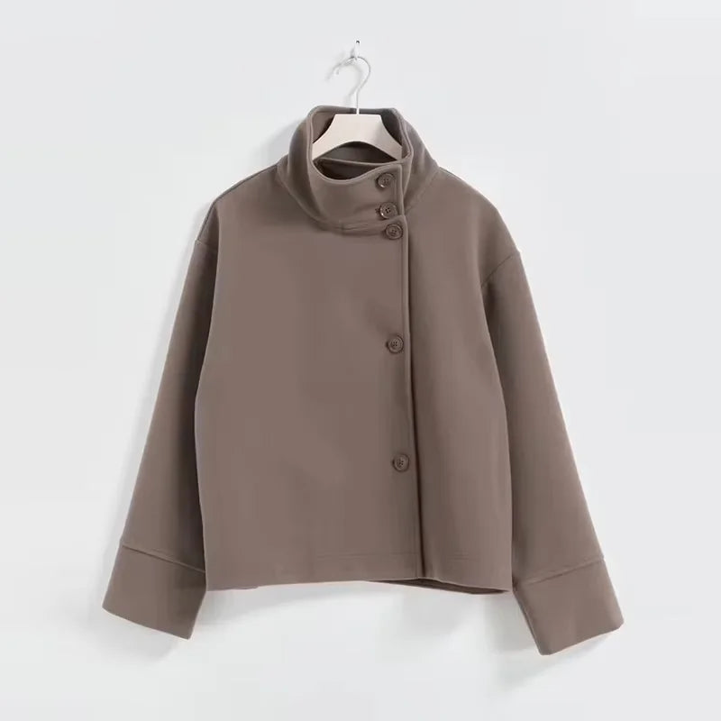 Urban Black Woolen Blend Coats Women Stand Collar Single-breasted Long Sleeve Thick Warm Jacket 2025 Autumn Winter Lady Outwear