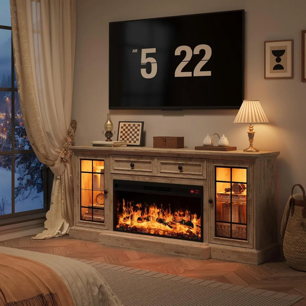 Modern Farmhouse Entertainment Center with Electric Fireplace LED Lights - TV Stand for up to 80'' TVs 70'' Media ，Customized
