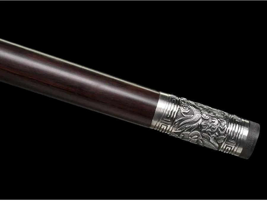 Chinese Staff Sword Folded Steel Damascus Blade Sharp Real Ebony Wood Scabbard Walking Stick Samurai Swords Silver Dragon Katana