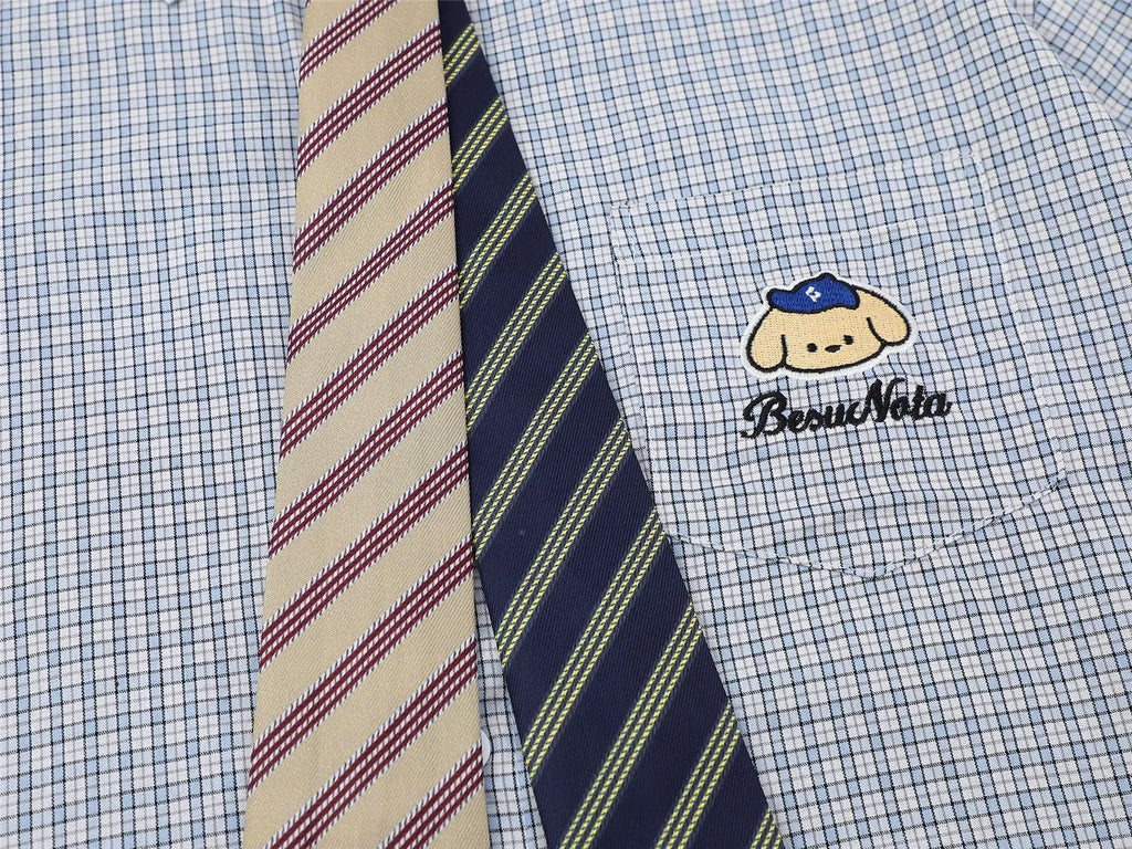 Retro Japanese Cartoon Dog Embroidery Plaid Double Collar Design Short Sleeve Cotton Shirt for Men And Women Couple Style Cas...