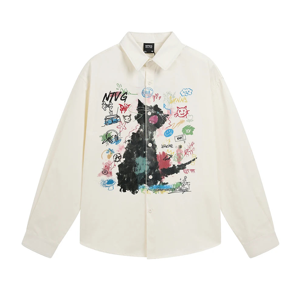 Kawaii Cat Print Men's Shirts Y2k Long Sleeve Shirt Anime Tops Oversized T Shirt Korean Popular Japanese Style Designer Clothing