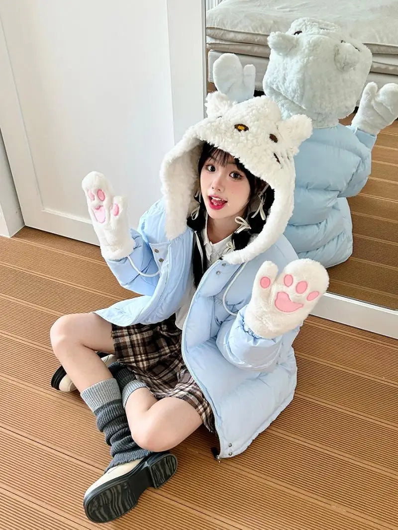 Kawaii Hello Kitty Women Beige 2025 Winter Warm Thick Jacket Paw Gloves Design Casual Y2K Aesthetic Fashion Outerwear Loose