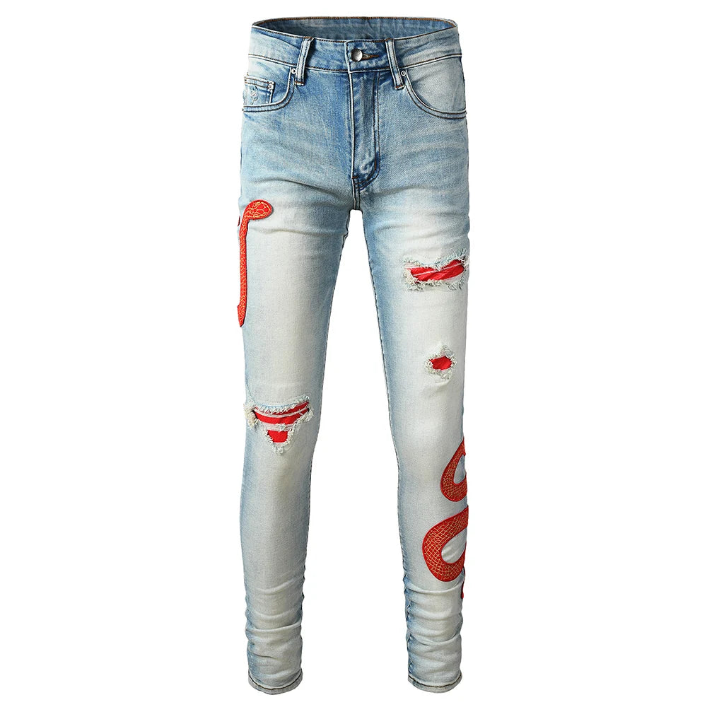 Men's Snake Embroidery Skinny Jeans Streetwear Red Leather Patch Pants Holes Ripped Distressed Denim Tapered Trousers