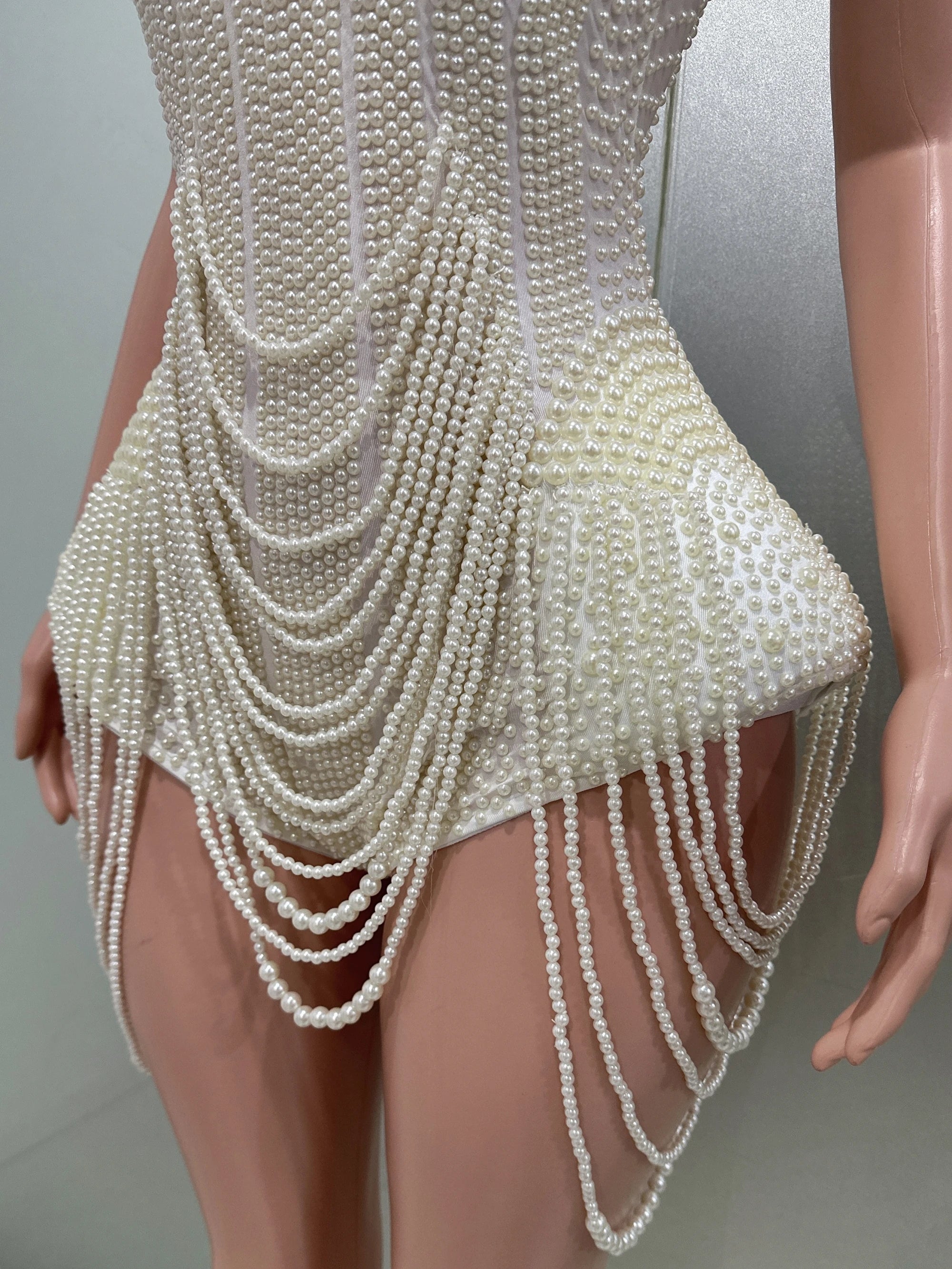 Luxury Pearls Beading Sexy Halter Backless Bodysuit Evening Party Performance Costume Bar Nightclub Singer Dancer Stage Wear