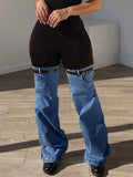 Women’s Trendy High Waist Patchwork Pants Black Bodycon Shorts Top with Blue Jean Bell Bottom Overlay and Punk-Inspired