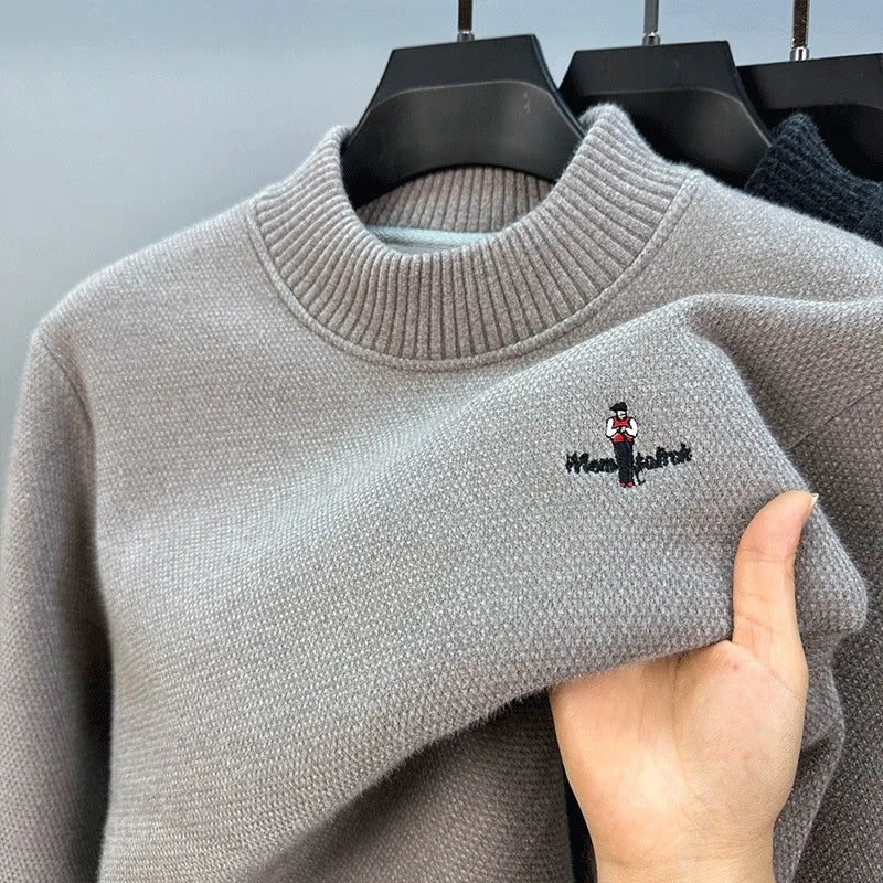 Light luxury brand round neck sweater knitted plush thicken warm pullover cartoon character embroidery fashion golf men's wear