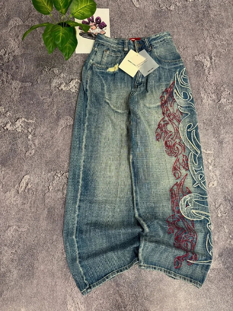 Y2K Embroidered Baggy Jeans Women Rock Hip Hop Retro Popular Casual High Waist Wide Leg Pants Streetwear New Fashion Big Pattern
