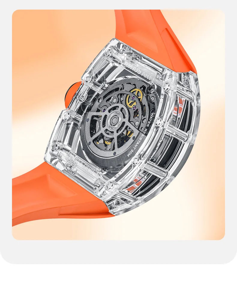 CRONUSART Men Chronograph Watch Tonneau Mechanical Wristwatch Sapphire Case & Mirror Luminous FKM Strap Skeleton Dial