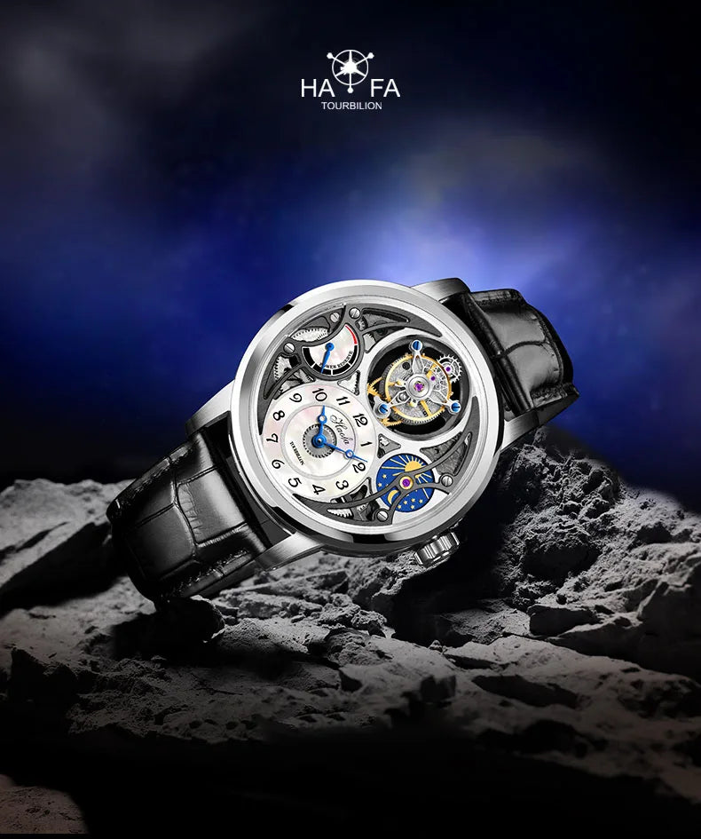Haofa Manual Tourbillon Watch for Men Moonphase Energy Display Dial Skeleton Movement Sapphire Mechanical Wristwatches 1939