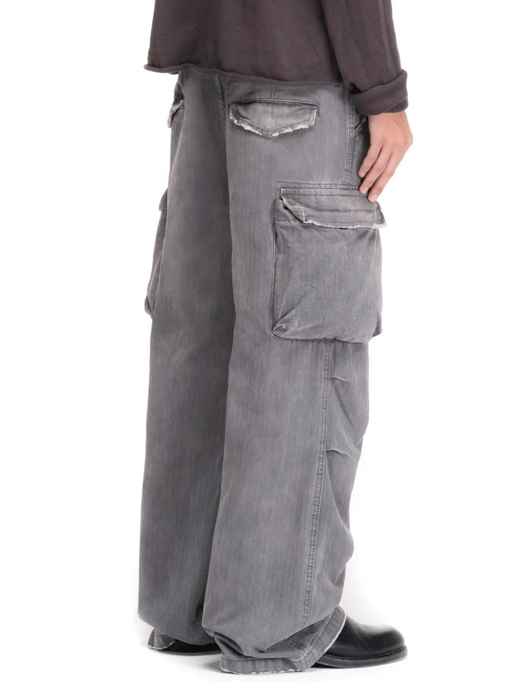 No faith studios herringbone twill grey ripped patch paint multi-pocket overalls