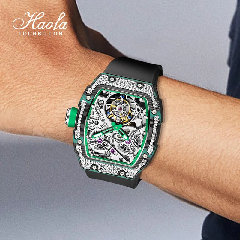 Haofa Automatic Tourbillon Man Watch Carbon Fiber Case Skeleton Mechanical Movement Men's Luxury Watch tourbillon reloj 1901-3