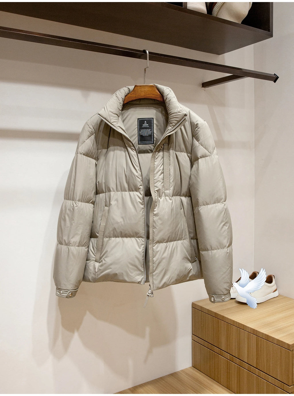 Men's High-Fluffy White Goose down Jacket Urban Outdoor Casual Hooded Stand-Up Collar Warm Filled Coat