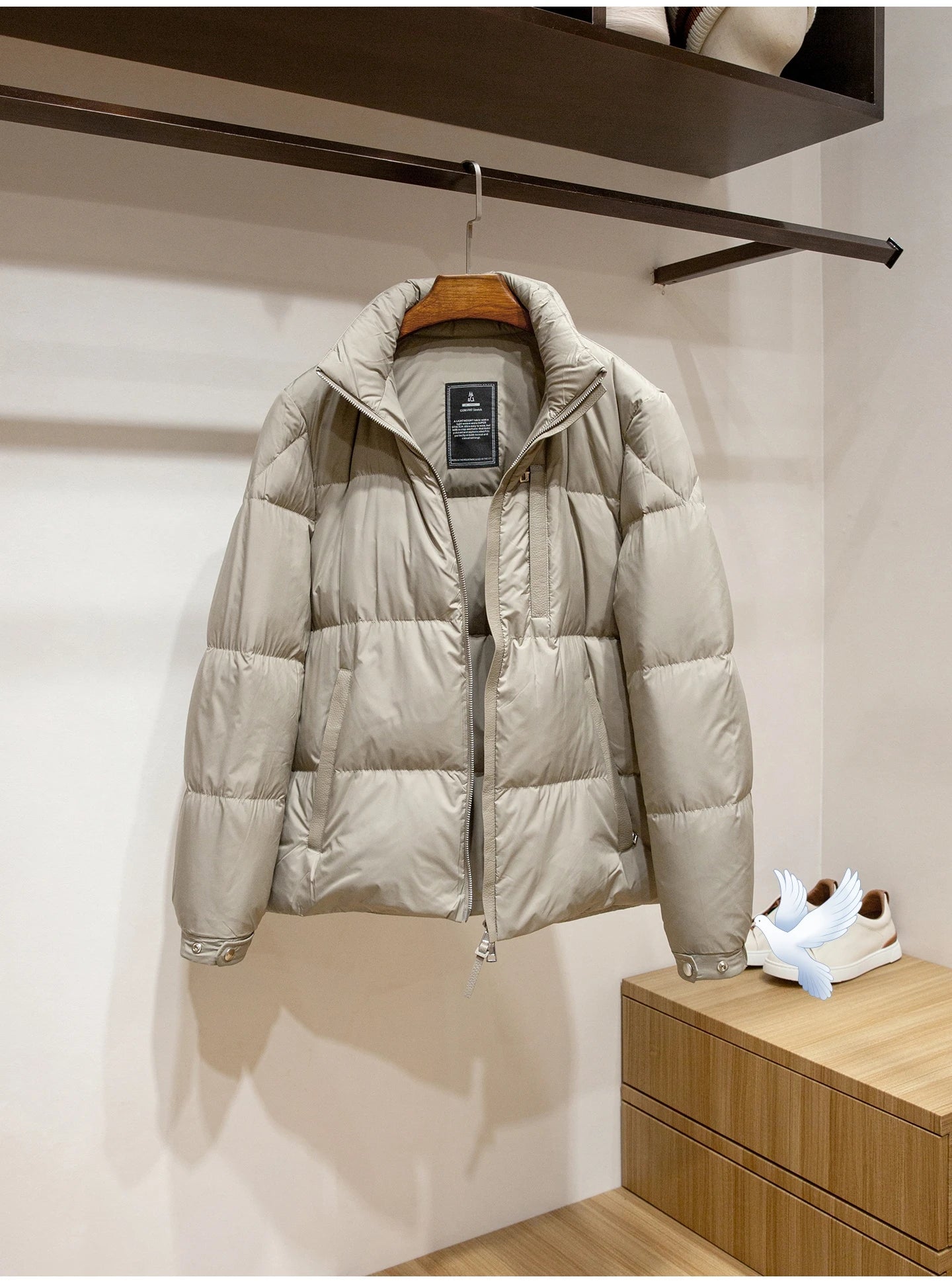 Men's High-Fluffy White Goose down Jacket Urban Outdoor Casual Hooded Stand-Up Collar Warm Filled Coat