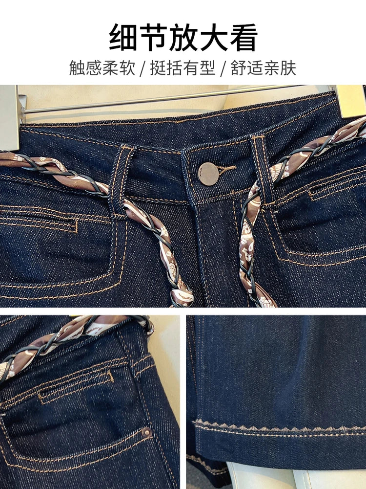 2025 Autumn New Denim Blue Wide Leg Women's Jeans Super Popular Pants with Silk Scarf Belt Fashion Straight Trousers