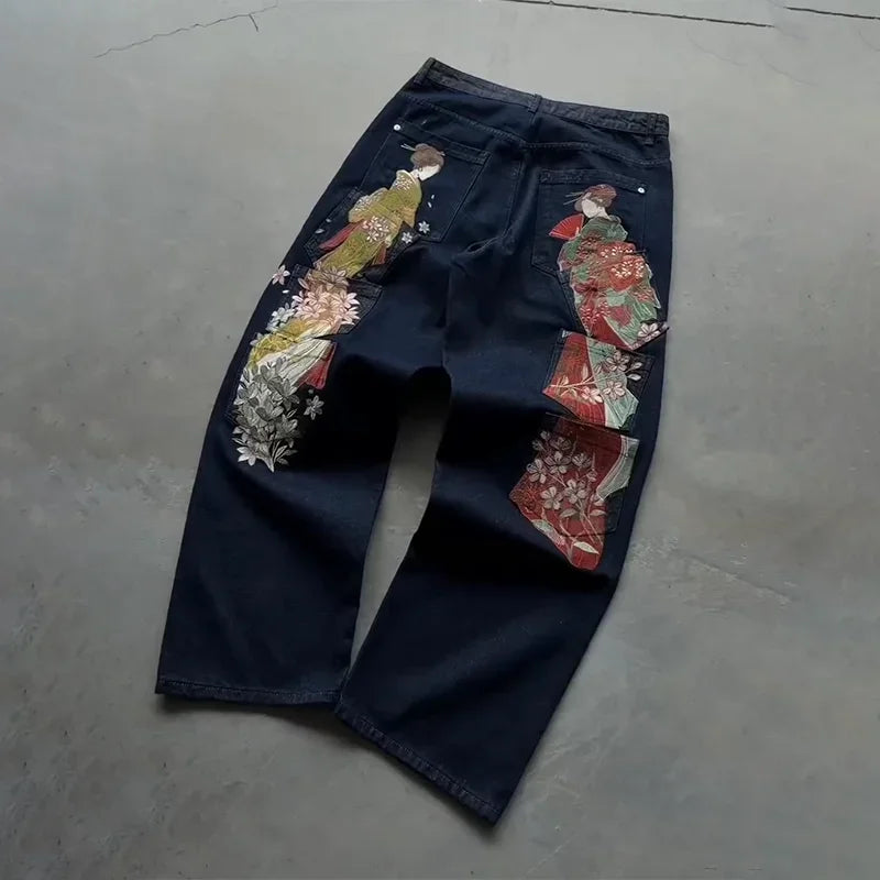 Y2K Harajuku Jeans new Dragon Embroidery high quality jeans 2000s Gothic Vintage Hip Hop streetwear denim fabric wide leg pants