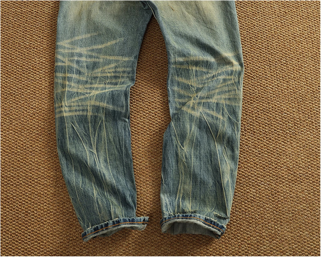 2025 Autumn New American Retro Heavyweight Ripped Denim Men's Fashion 100% Cotton Washed Old Straight Tapered Casual Jeans