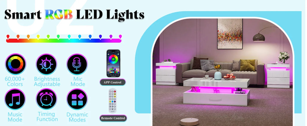 High Gloss 3 Pieces Living Room Table Set, Modern LED Coffee Table Sets of 3, 2-Tier Center Table with 2 End Side Tables, White