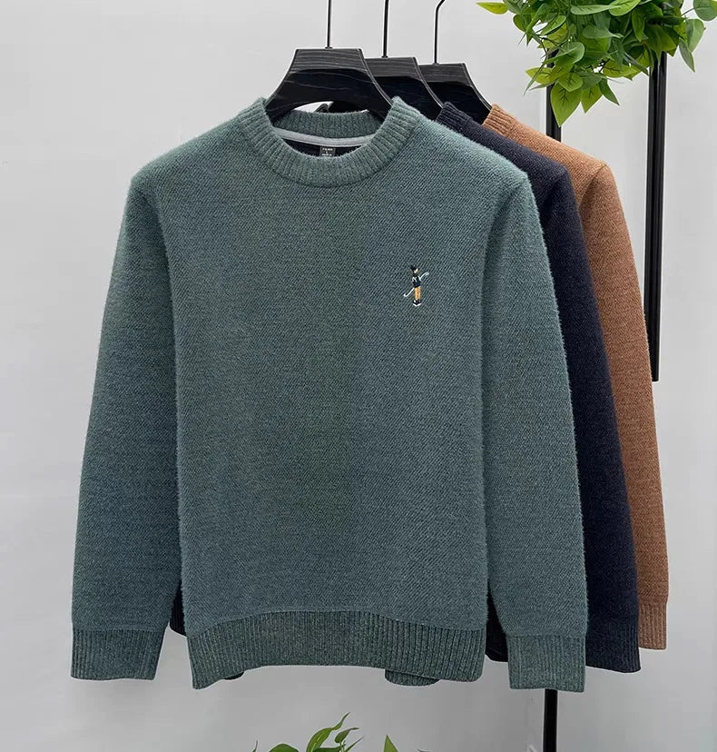 High quality men's round neck knitted sweater autumn winter new Korean style fashion cartoon embroidery thick casual pullover