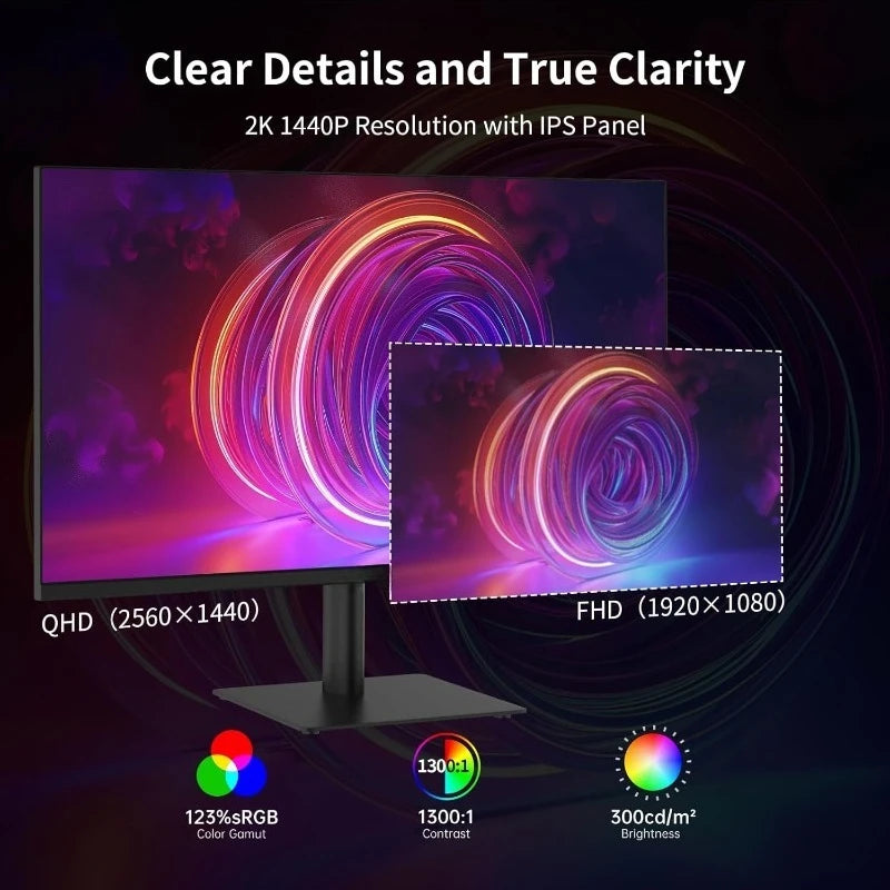27 Inch QHD Computer Monitor, 2K 100Hz IPS Gaming Monitor, 1440P Frameless Eye Care PC Office Monitor with /DP, FreeSync & G