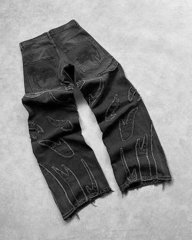 New Y2K Harajuku Retro Graphic Patch Jeans Hip Hop Gothic Raw Edge Embroidery Black Baggy Jeans Wide Leg Denim Pants Mens Womens