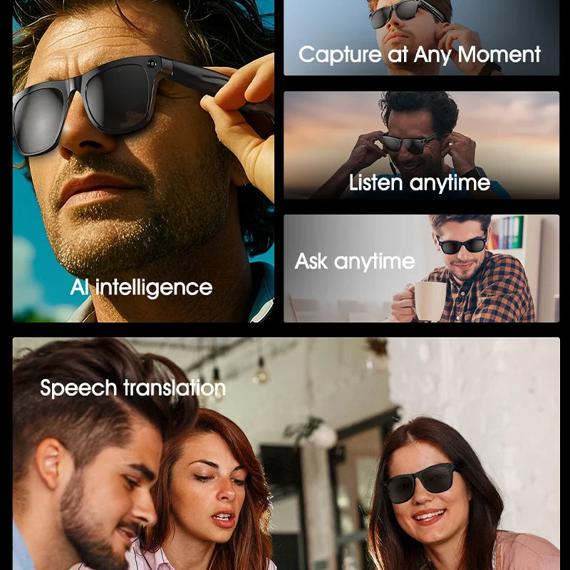 Smart Glasses 100W Camera Anti-shake Video Recording Music Control Photo Recognition Bluetooth Call Sports Sunglasses Waterproof