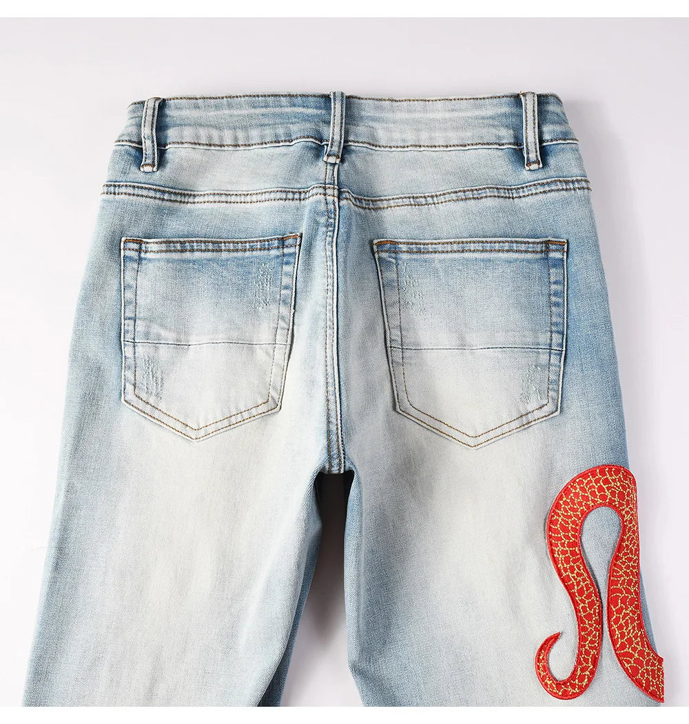 Men's Snake Embroidery Skinny Jeans Streetwear Red Leather Patch Pants Holes Ripped Distressed Denim Tapered Trousers