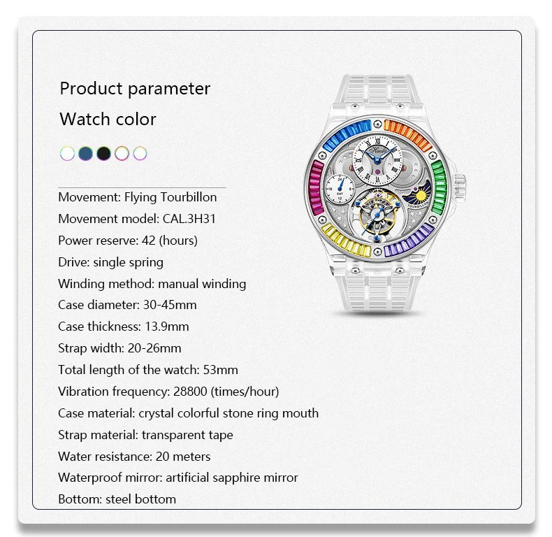 Haofa GMT Tourbillon Man Watch 2101 Luxury Rainbow Crystal Day And Night Manual Tourbillon Mechanical Men Watches Sapphire