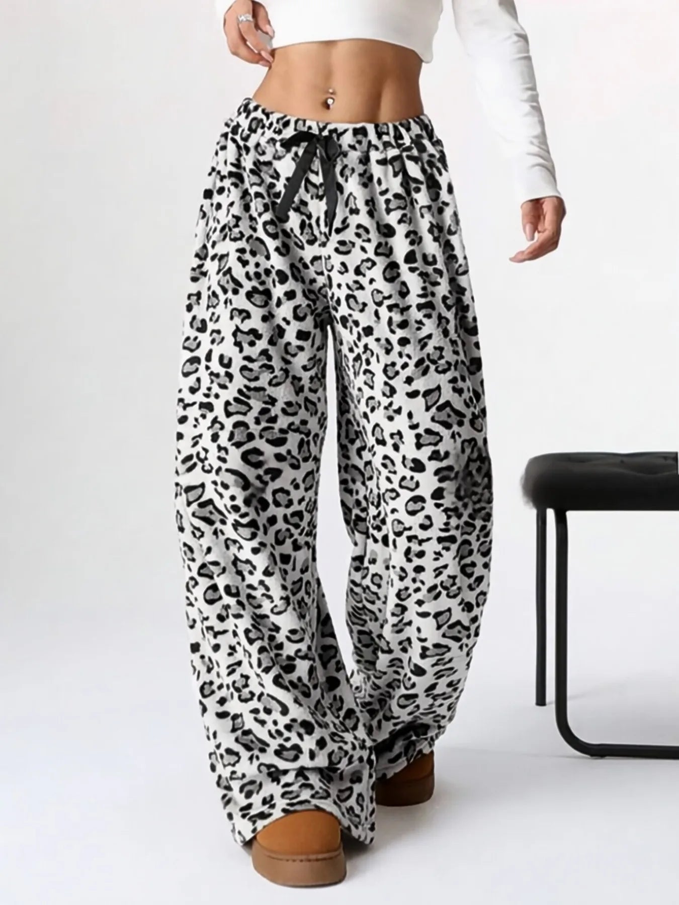 Women Casual Trousers Elastic Waistband Drawstring Tie Pajama Bottoms Leopard Print Wide Leg Lounge Pants
