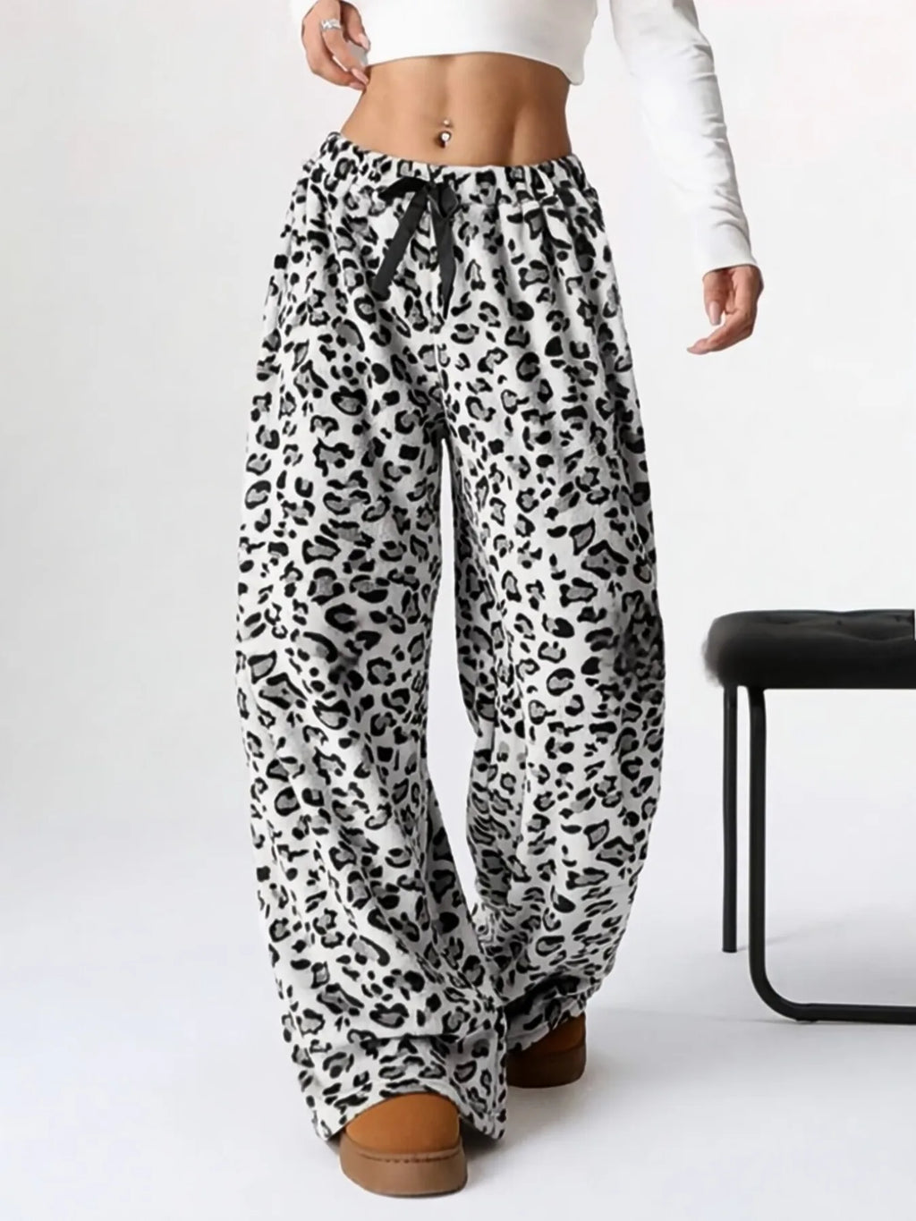 Women Casual Trousers Elastic Waistband Drawstring Tie Pajama Bottoms Leopard Print Wide Leg Lounge Pants