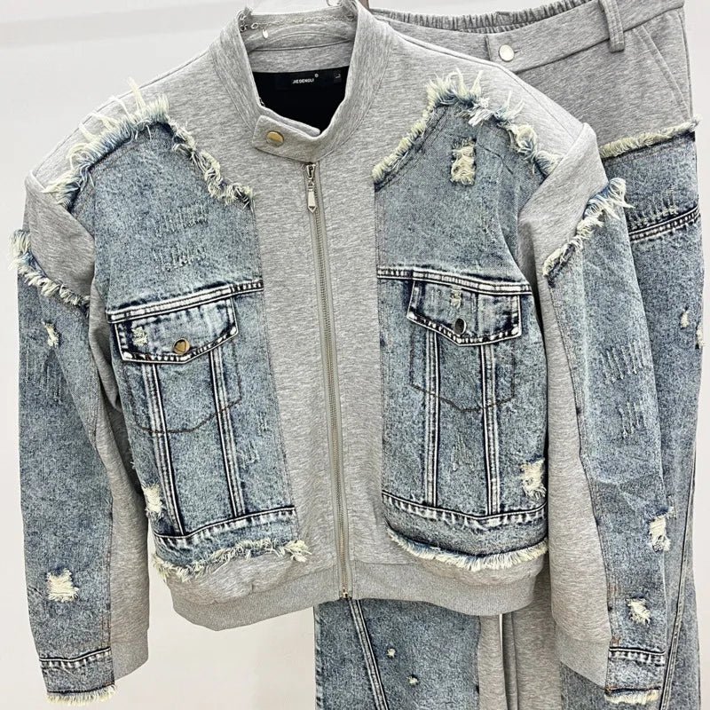 HKSH Spring Autumn New Men Trend Ripped Frayed Denim Patchwork Jacket Elastic Waist Wide-Leg Pants Fashion Two-Piece Set HK16899