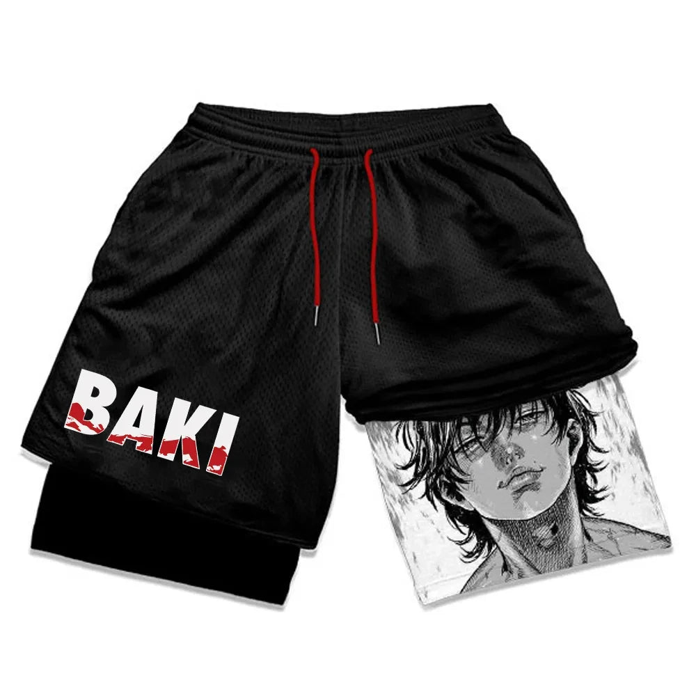 Anime Baki Hanma Gym Workout Shorts for Men Athletic Quick Dry 2 in 1 Compression Shorts Cosplay Costume