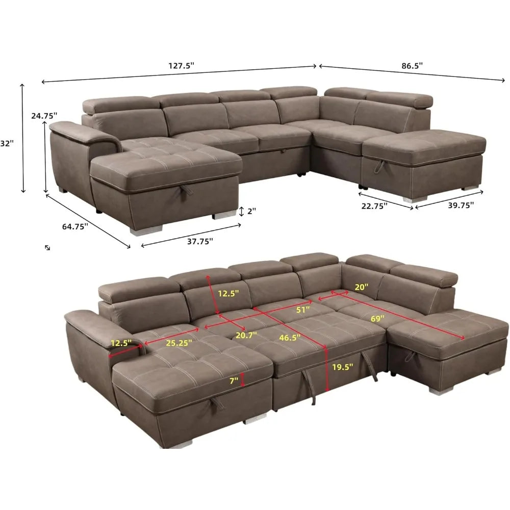 thsuper 127'' microfiber oversized u shaped sectional sleeper sofa couch with pullout bed, 7 seat couches with adjustable headre