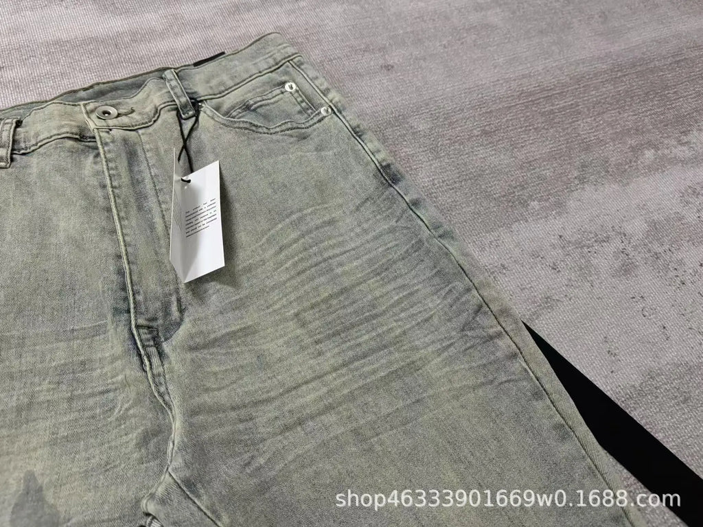 Rick RO Vintage Washed Wide Leg Skinny Jeans with Built-Up Floor-Length and Distressed Details and Cat-Fur Style Denim Pants
