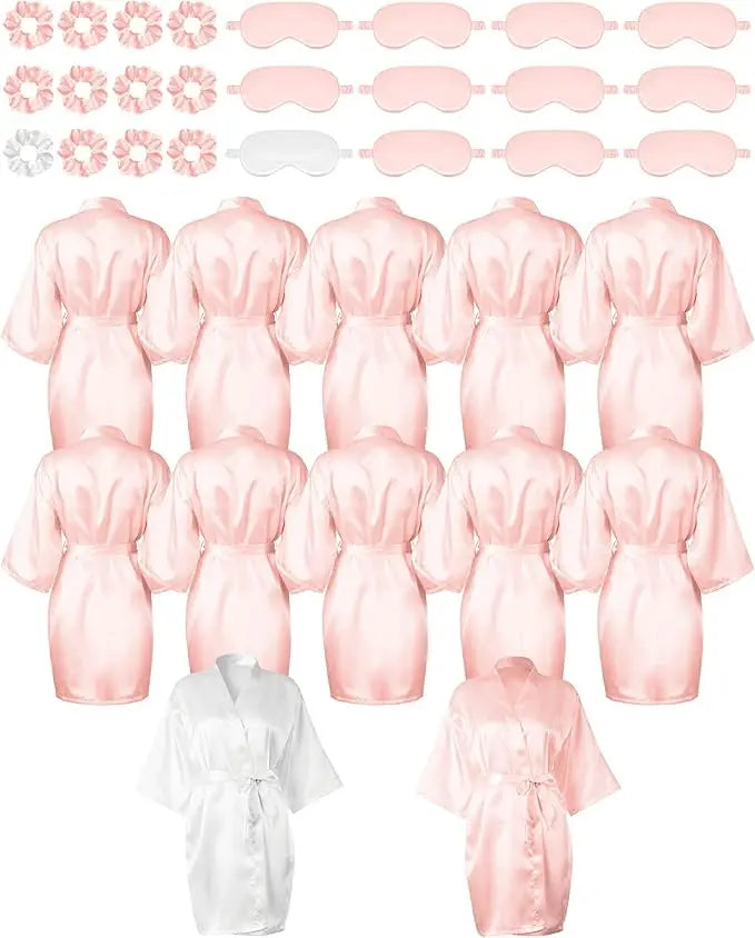 12 Pack Satin Women Robes Kimono Robe Bulk with Sleeping Mask and Hair Tie Sets Silky Bathrobes for Birthday Wedding Party
