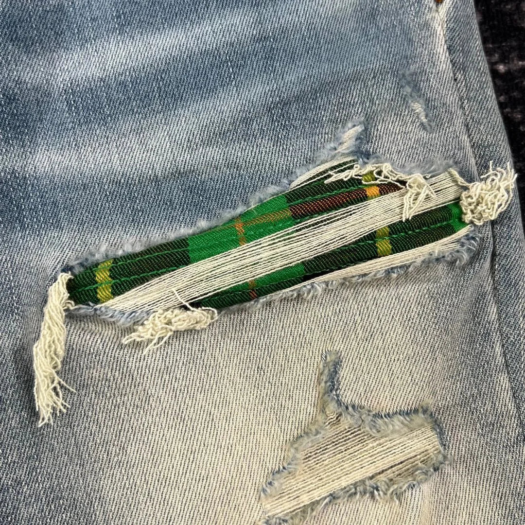discounted men green plaid patch distressed jeans