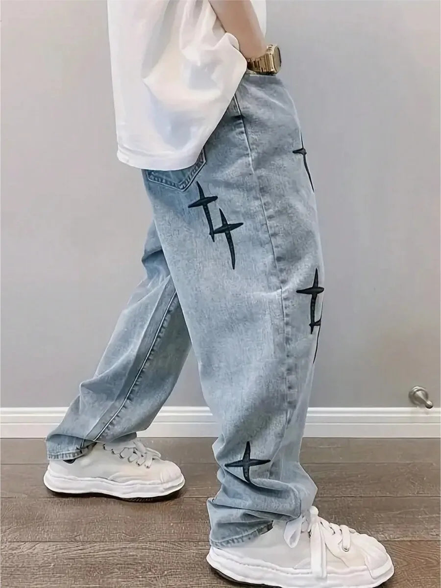 Mens Loose Straight Fit Cross Print Casual Denim Jeans
