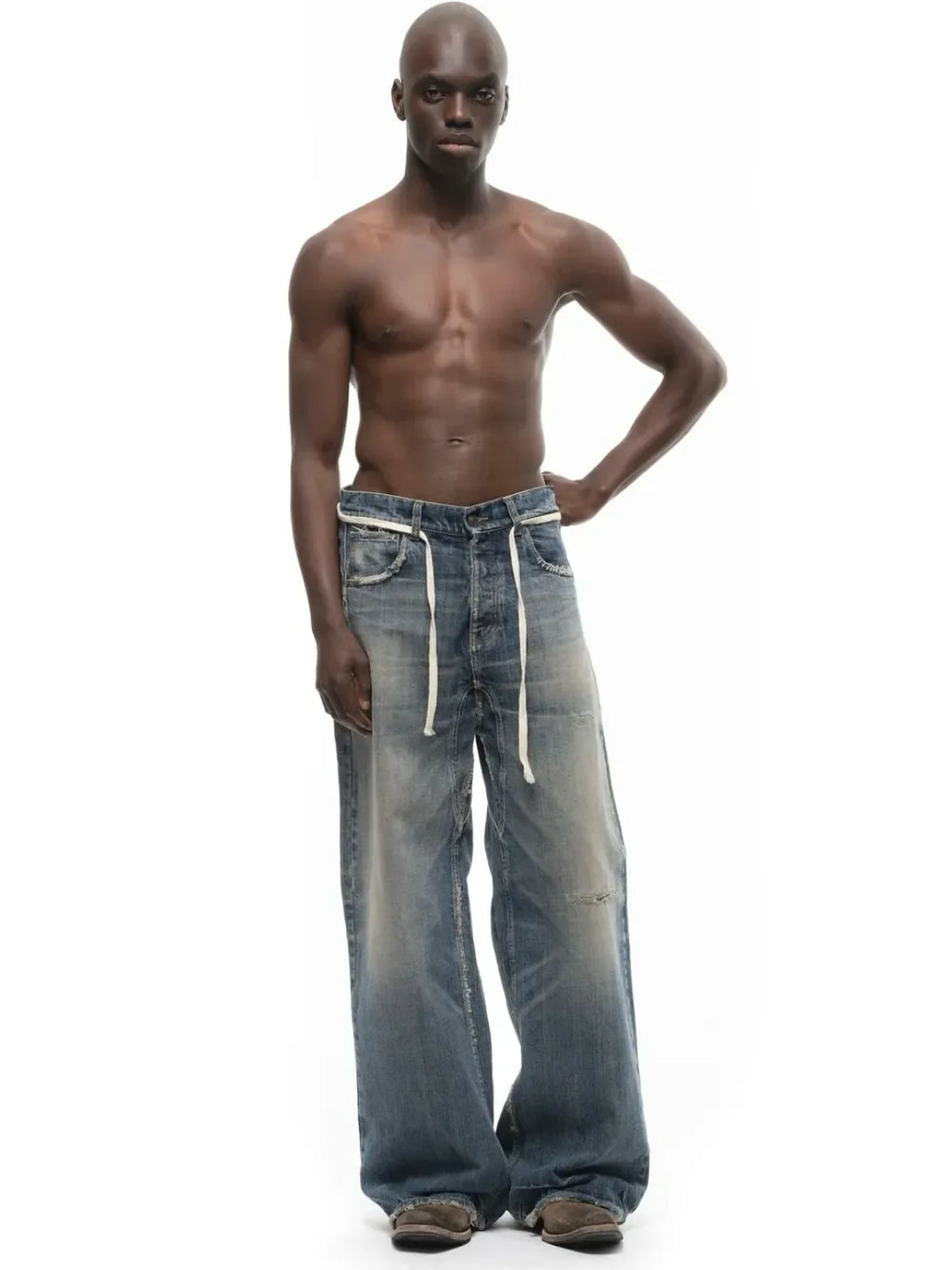 No faith studios washed pussy whiskers made old handmade ripped loose wide legs light blue jeans