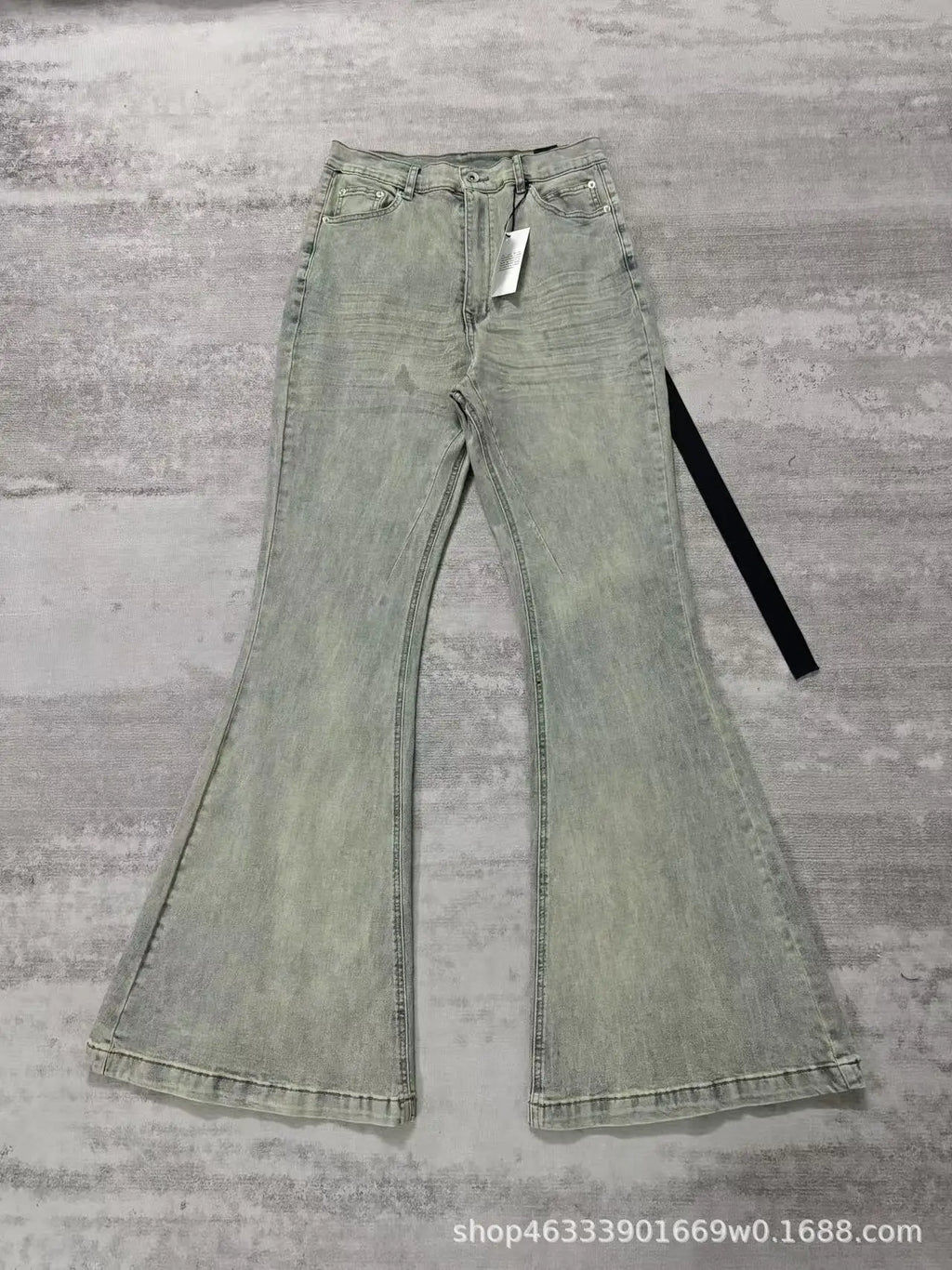 Rick RO Vintage Washed Wide Leg Skinny Jeans with Built-Up Floor-Length and Distressed Details and Cat-Fur Style Denim Pants