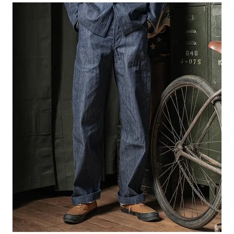 Rugged Bronson Workwear Pants Bronson USN Dungaree Clamp Denim Wide Leg Straight Cut Jeans Original Color Unisex Long Trousers