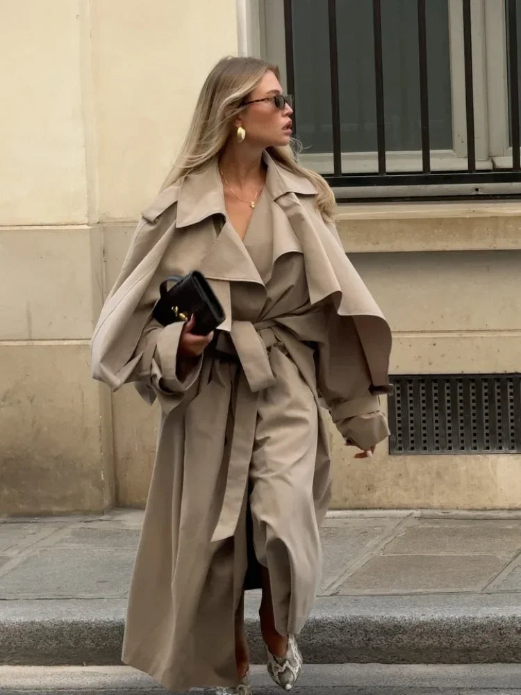 Solid Lace Up Long Trench Coat Women Fashion Full Sleeve Lapel Single Breasted Loose Outerwear 2026 Lady Spring High Street Coat